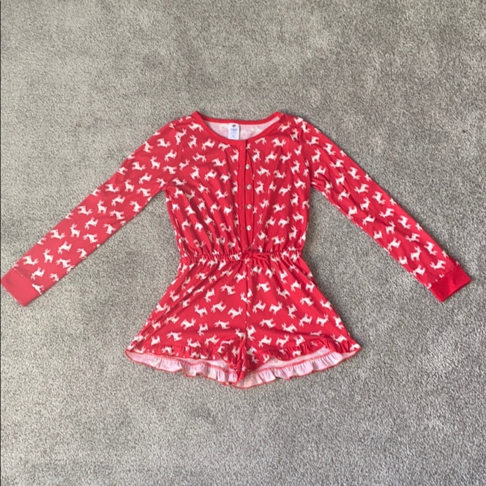 Girls Red Reindeer Printed Romper (sleepwear)